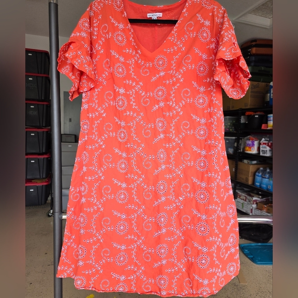 Isaac Mizrahi Live! Coral Floral Eyelet Dress Size 16 Chest 21" - Picture 3 of 5
